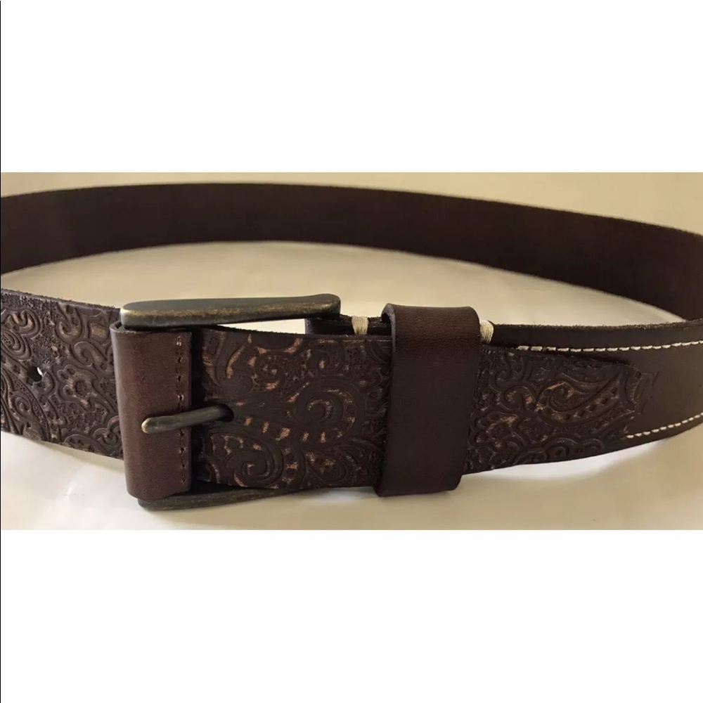 New Robert Graham Pendleton Brown Leather Paisley Emboss 38 Men Belt Brass Buckl